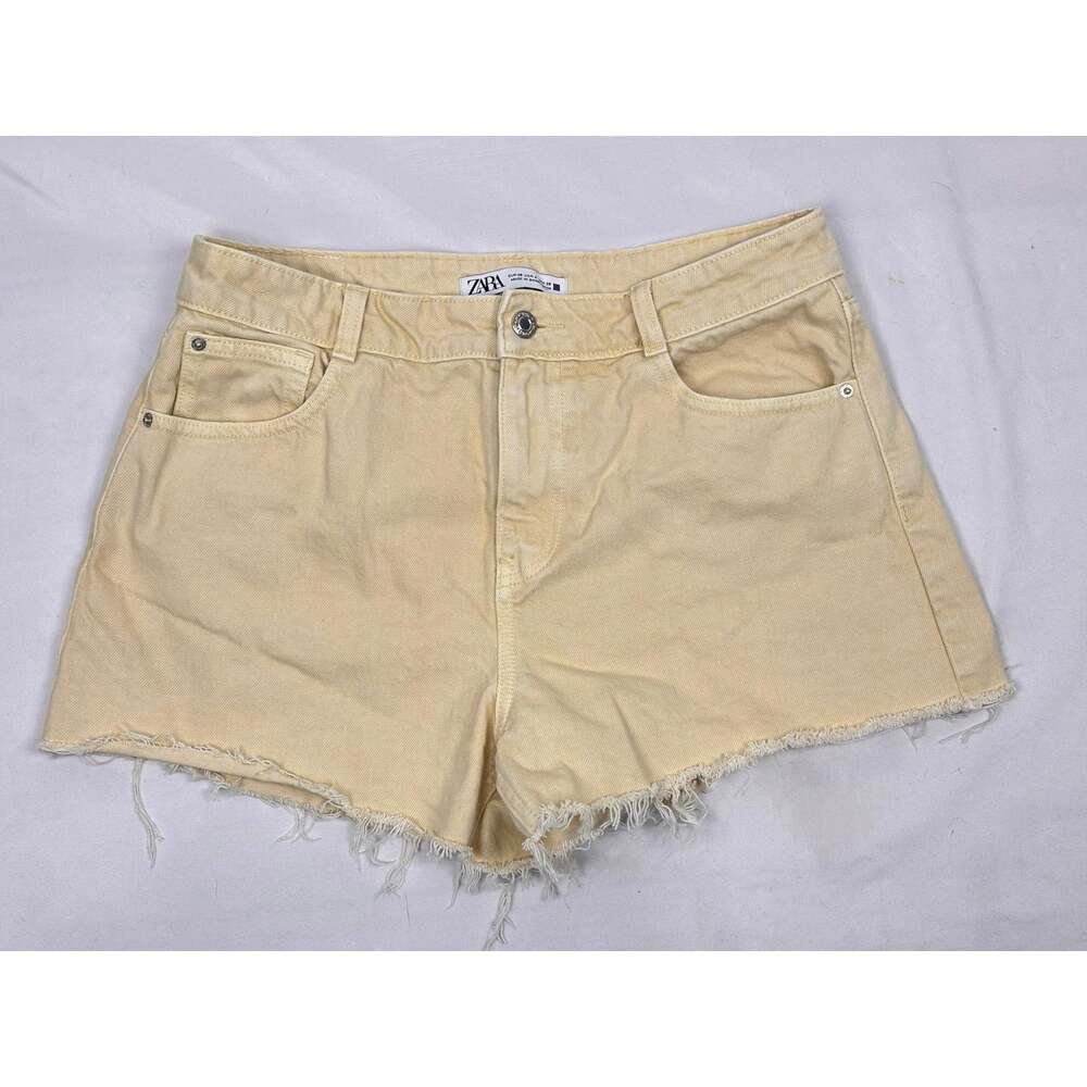 ZARA Soft Butter Yellow Denim Cut Off Shorts High Mid Rise Raw Hem Size 6/38
